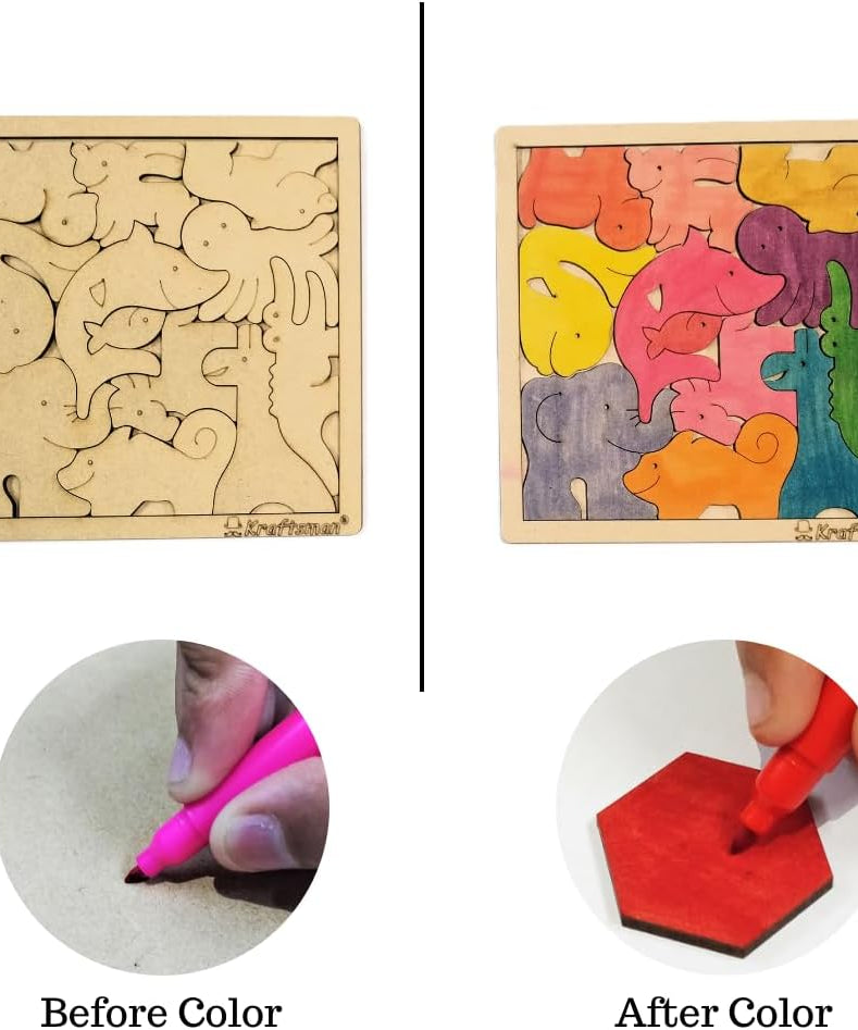 Kraftsman Color Your Own Wooden Animal Puzzle with Sketch Color Kit, DIY 12 Piece Creative Coloring Jigsaw for Kids, 4+ Years