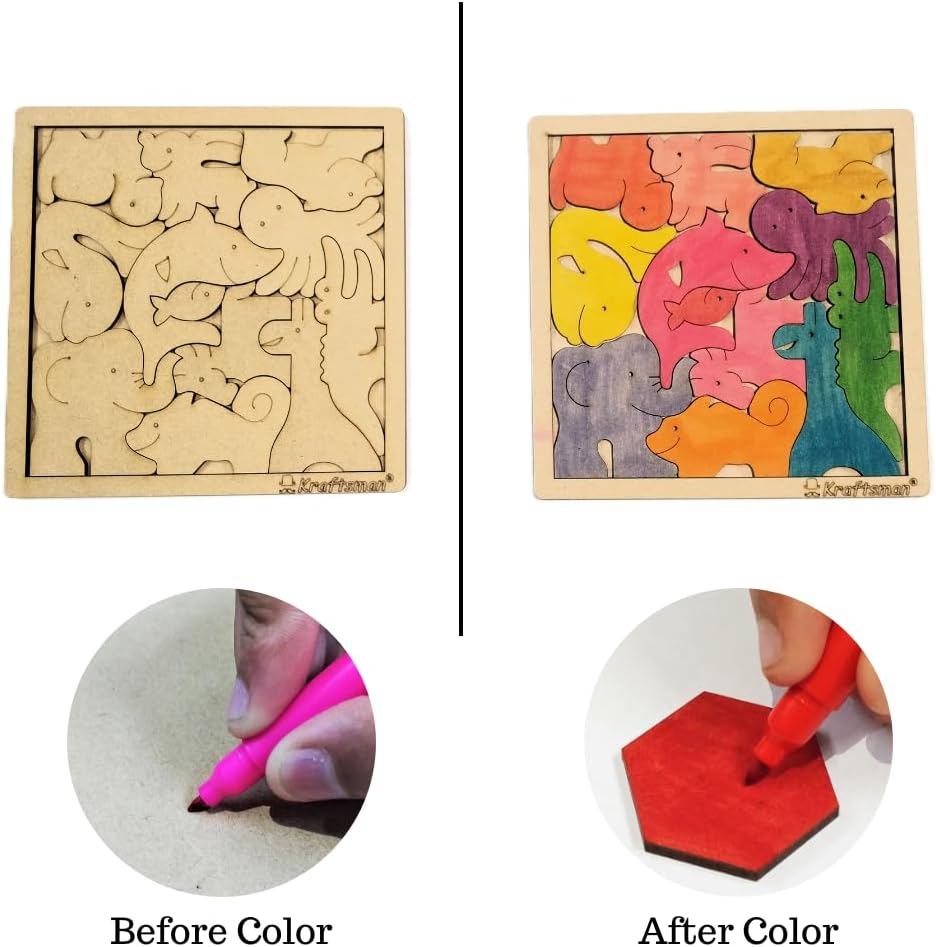 Kraftsman Color Your Own Wooden Animal Puzzle with Sketch Color Kit, DIY 12 Piece Creative Coloring Jigsaw for Kids, 4+ Years
