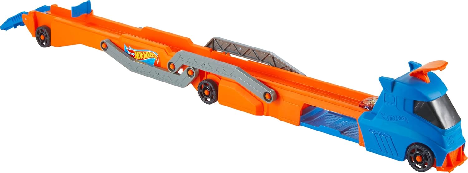 Hot Wheels Speed Track Transporter Truck & Raceway Playset with 1:64 Scale Car, Transforms into 2.5+ Ft Track, Stores 9 Cars, Manual Launcher, Kids Toy 4+
