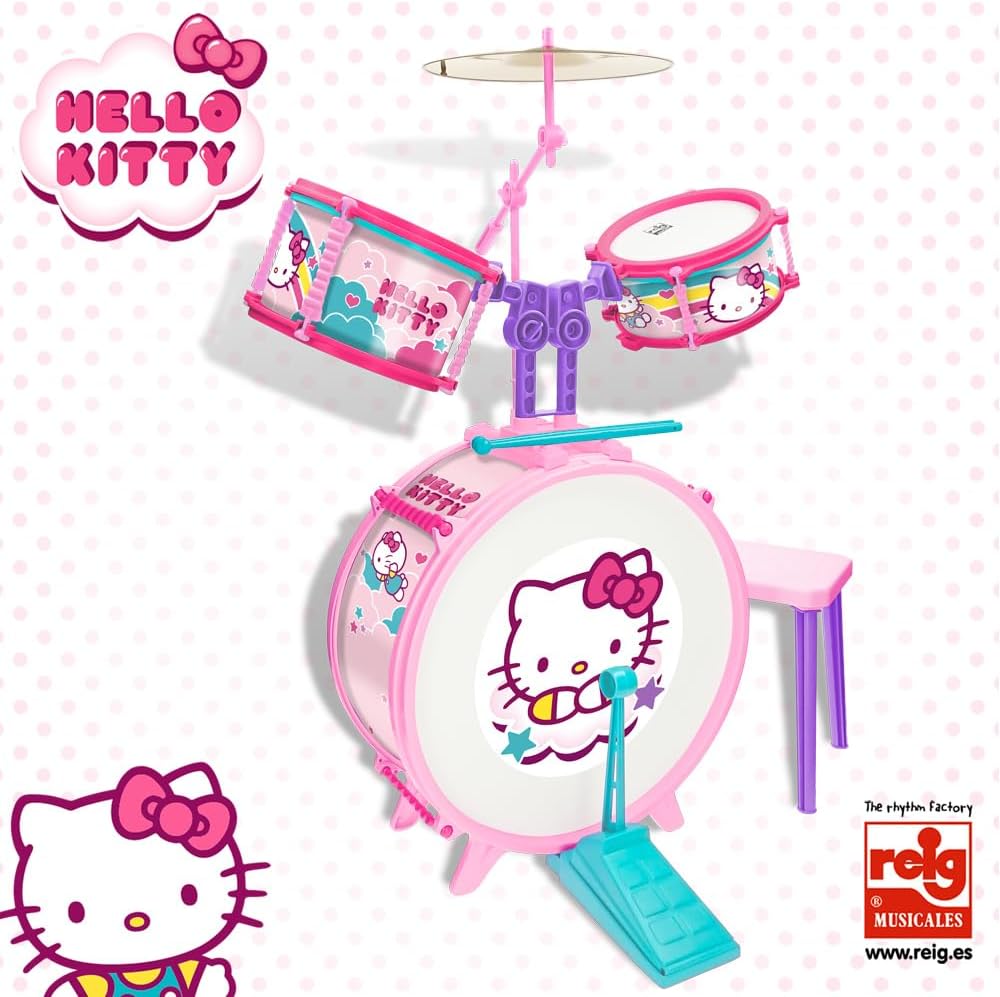 Hello Kitty Kids Drum Set with Stool, Bass Drum, Tom Drums, Cymbal and Drumsticks, Beginner Musical Instrument Kit for Children, 3Y+ Years
