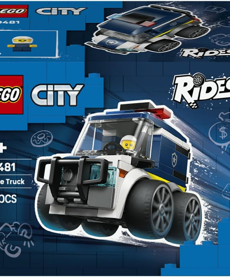 LEGO City Rides – Police Truck Toy - Emergency Vehicles Building Set w/a Police Officer Junior Minifigure - Party Bag Fillers - Small Collectible Gift for 5+ Year Old Boys - 60481