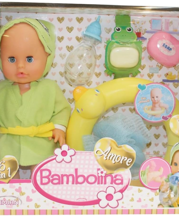 Bambolina Amore 30cm Bath Baby Doll with Vinyl Head, Arms & Legs, Blow Mold Body, Moving Eyes, Molded Hair, Painted Features, Drink and Wet Function, Includes Bathing Set