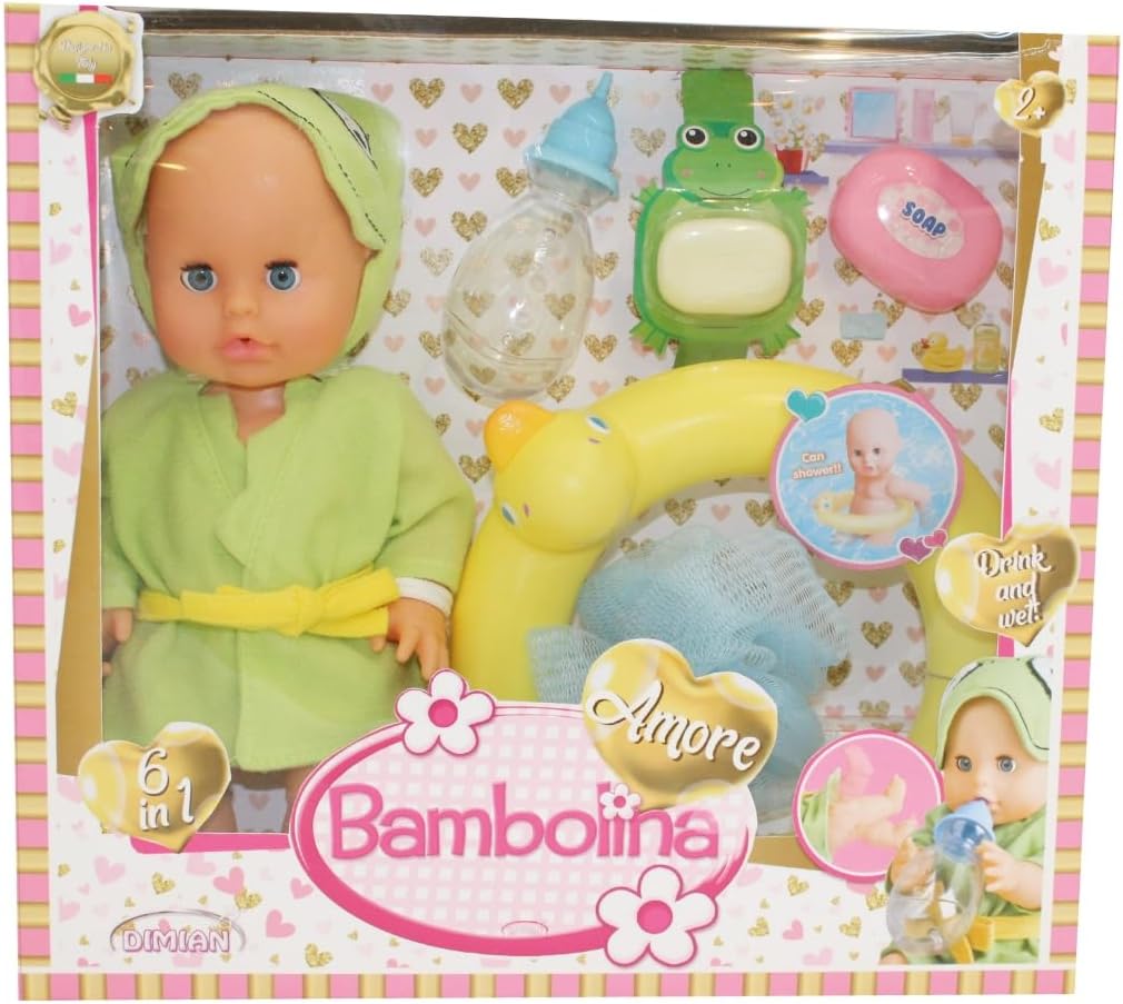 Bambolina Amore 30cm Bath Baby Doll with Vinyl Head, Arms & Legs, Blow Mold Body, Moving Eyes, Molded Hair, Painted Features, Drink and Wet Function, Includes Bathing Set