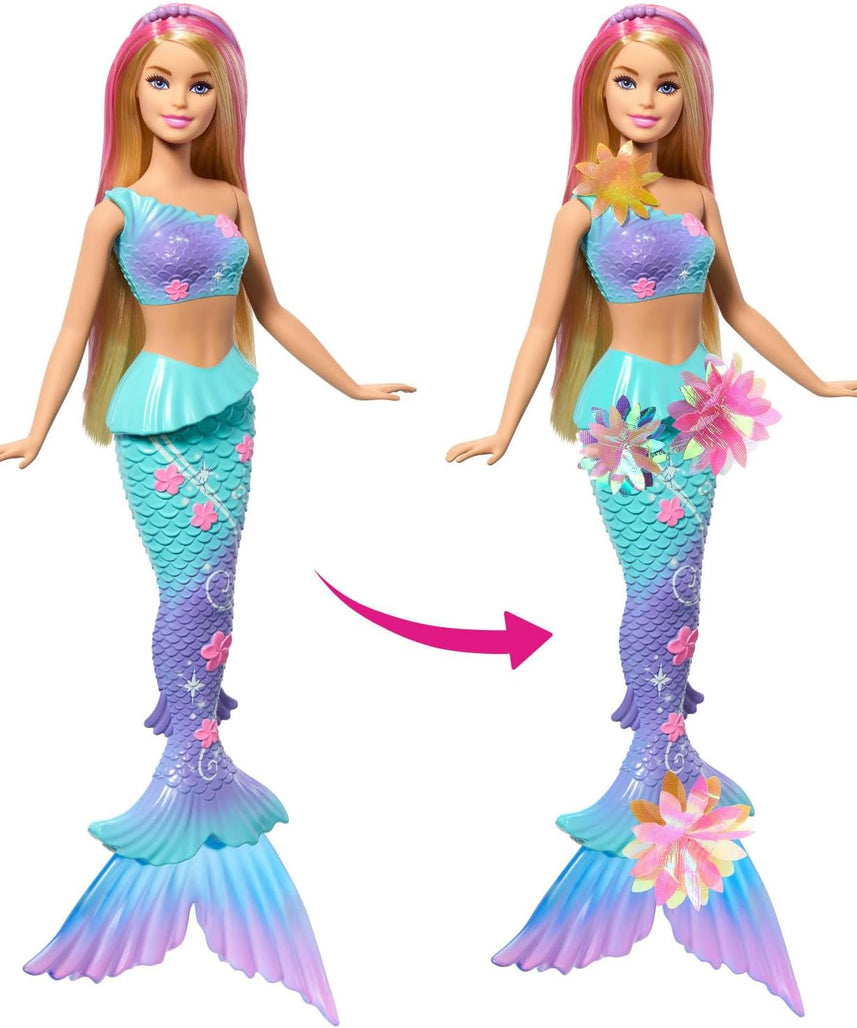Barbie Mermaid Toy Dolls with Surprise Magic Blooming Flowers Feature, Ombre Tails, Pearl Headband Accessory & Long Blonde Hair with Pink Highlights, JDM72