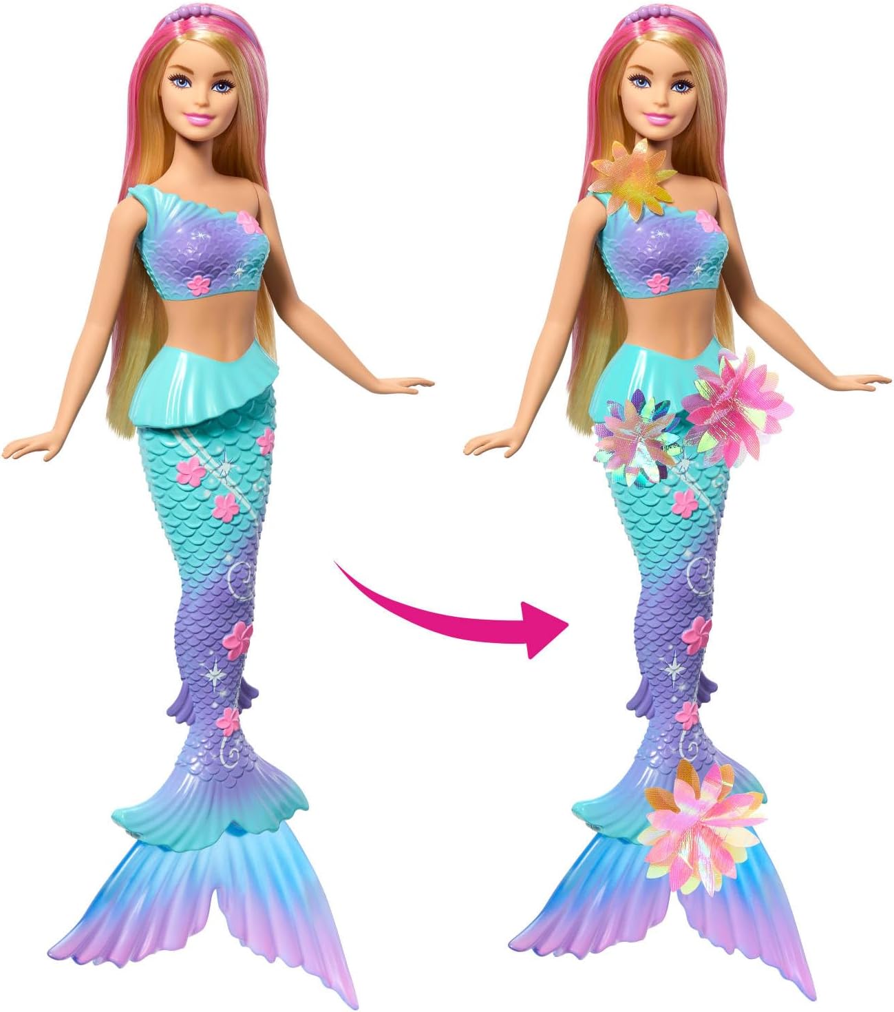 Barbie Mermaid Toy Dolls with Surprise Magic Blooming Flowers Feature, Ombre Tails, Pearl Headband Accessory & Long Blonde Hair with Pink Highlights, JDM72
