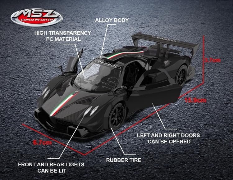 D-Power Pagani Zonda Revolucion Die-Cast Model Car with Lights and Sounds, Pull Back Action, Opening Parts, 1:32 Scale Toy Car for Kids 3+