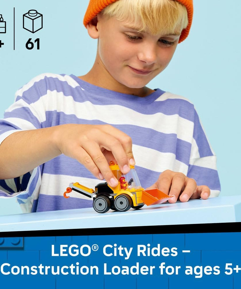 LEGO City Rides – Construction Loader Toy - Excavator Building Set w/a Worker Junior Minifigure - Party Bag Fillers - Small Collectible Gift for 5+ Year Old Boys - 60483