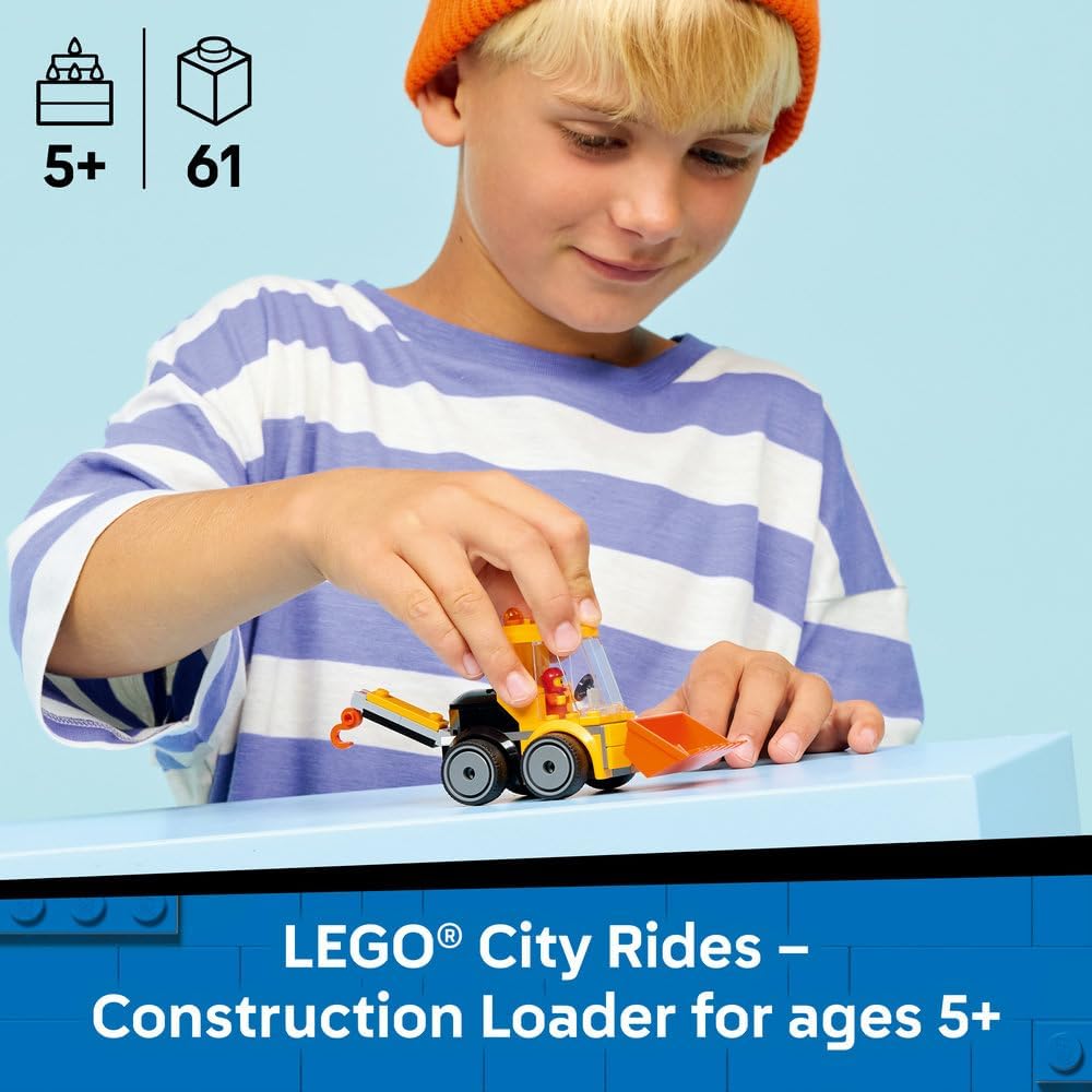 LEGO City Rides – Construction Loader Toy - Excavator Building Set w/a Worker Junior Minifigure - Party Bag Fillers - Small Collectible Gift for 5+ Year Old Boys - 60483