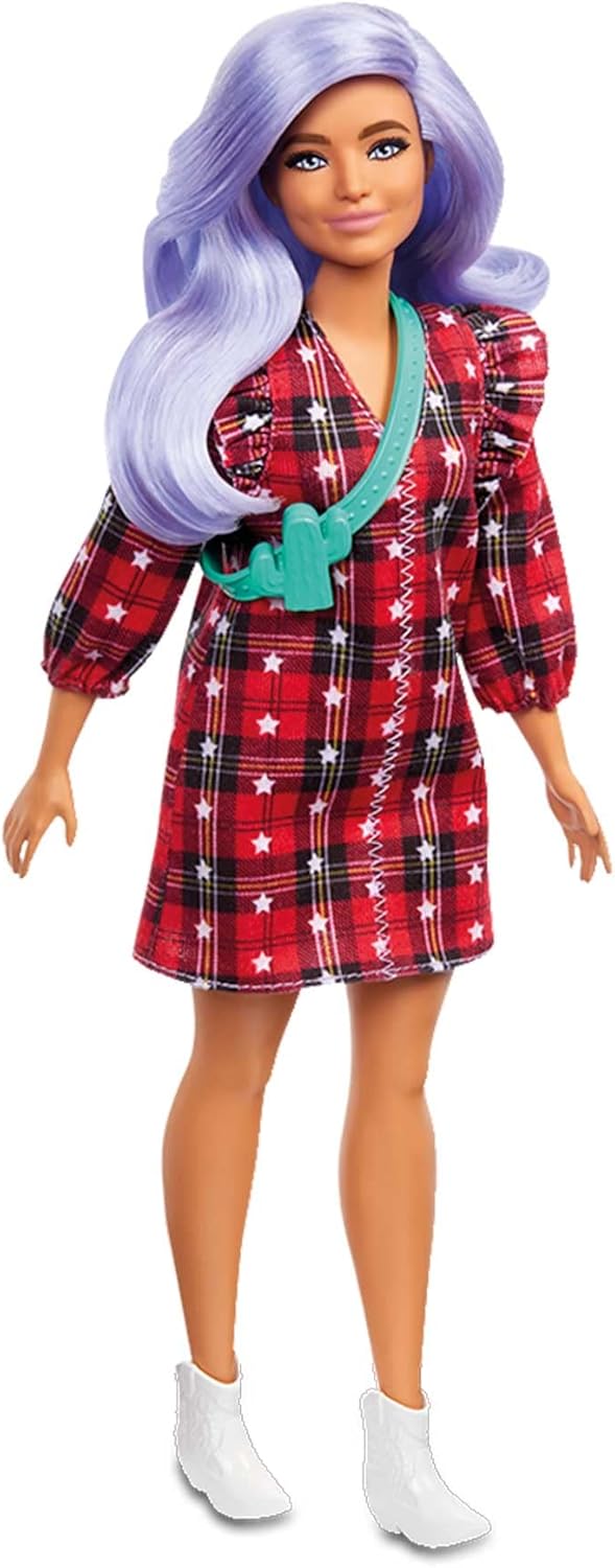 Barbie Fashionistas Doll #157, Curvy with Lavender Hair, Red Plaid Dress, White Cowboy Boots & Teal Cactus Bag, GRB49