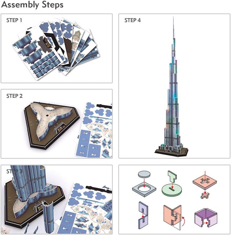 CubicFun 3D Puzzle LED Burj Khalifa Dubai Model Kit 136 Pieces Architecture Building Set for Adults + Teens Souvenir Display Gift