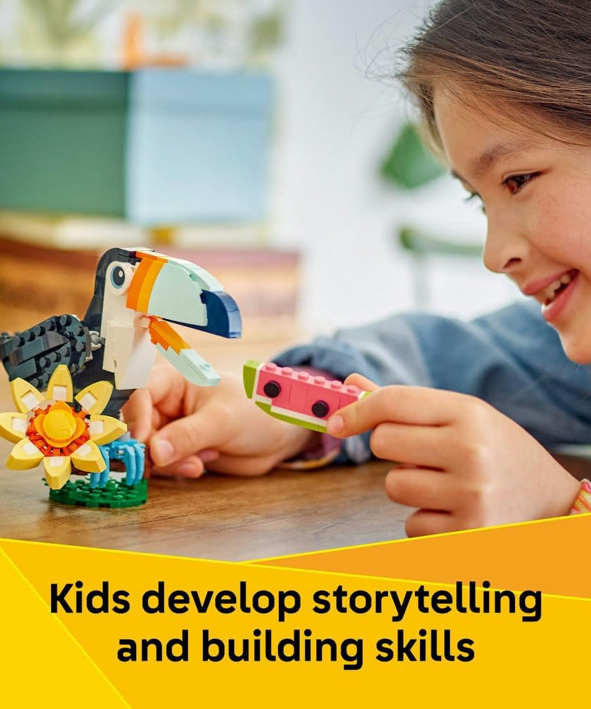 LEGO Creator 3in1 Wild Animals: Tropical Toucan with a Flower - Toy Animal Transforms into a Butterfly Figure or a Tropical Fish - Ramadan Gift for 7+ Year Old Girls & Boys - 31173