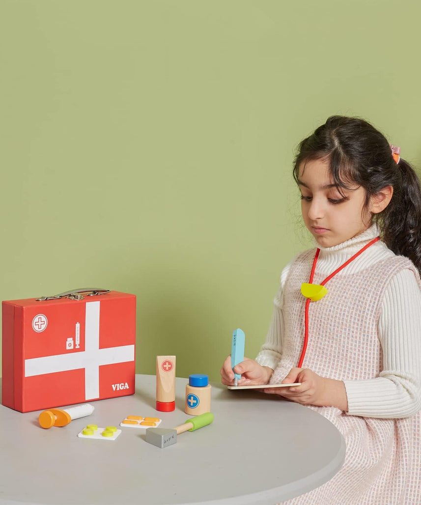 Viga Wooden Medical Kit, Role-Play Accessories Including Syringe, Tablets, Stethoscope and Medicine, Durable and Colorful Toy for Kids