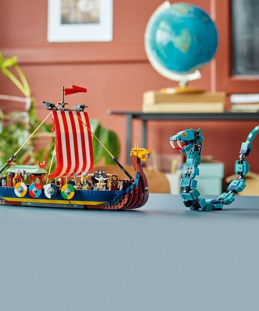مجموعة بناء سفينة الفايكنج وثعبان ميدجارد 31132 من ليجو كريتور، 3 في 1، مع 4 مجسمات صغيرة، مناسبة للأطفال من عمر 9 سنوات فما فوق
