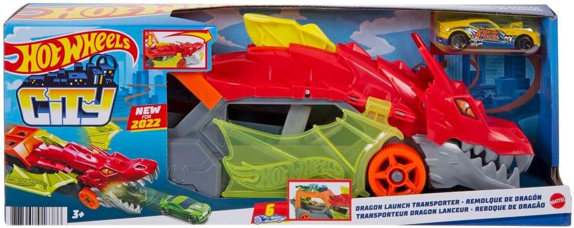 Hot Wheels City Dragon Launch Transporter Playset with Vehicle Launcher and Storage, 1:64 Scale, Interactive Toy for Kids 3+