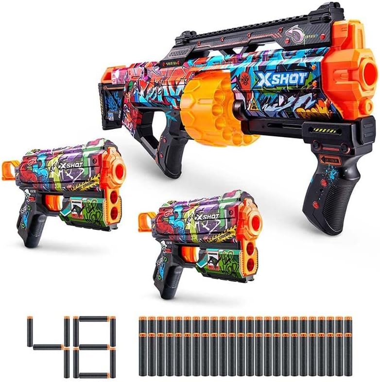 X-Shot Skins Mix Combo Pack, Last Stand & 2-Pack Flux Blasters, Customizable Toy Guns, Air Pocket Technology, 27m / 90ft Range, Outdoor Play, Boys & Girls, Holiday & Vacation Fun