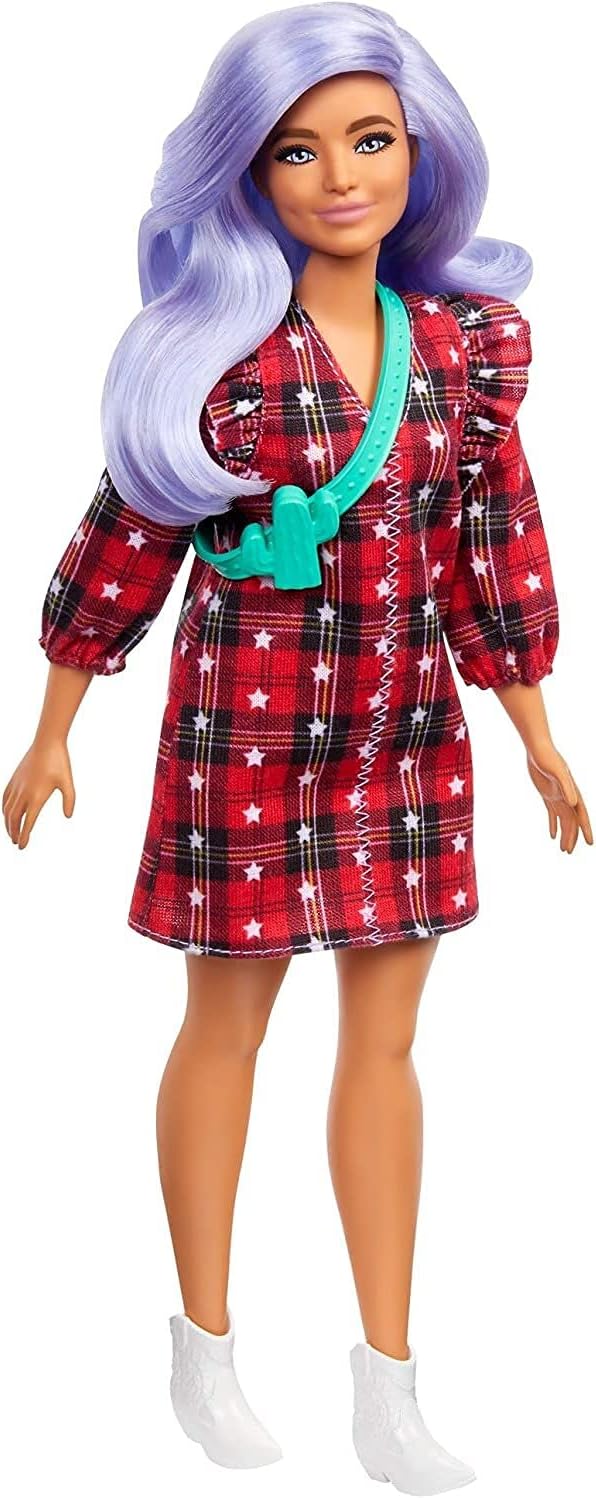 Barbie Fashionistas Doll #157, Curvy with Lavender Hair, Red Plaid Dress, White Cowboy Boots & Teal Cactus Bag, GRB49