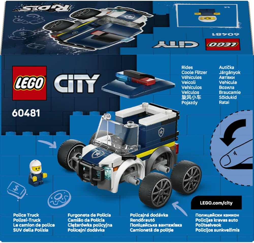 LEGO City Rides – Police Truck Toy - Emergency Vehicles Building Set w/a Police Officer Junior Minifigure - Party Bag Fillers - Small Collectible Gift for 5+ Year Old Boys - 60481