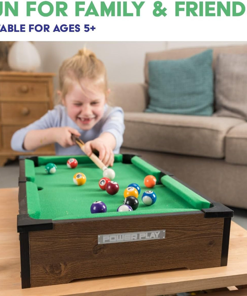 Power Play 20 Inch Pool Table, Kids Pool Game, Arcade Games for Boys and Girls 3+, Indoor and Outdoor Tabletop Game, Wooden Construction, Complete Billiard Set