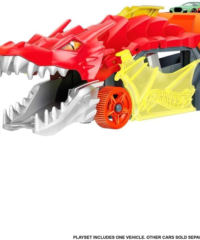 Hot Wheels City Dragon Launch Transporter Playset with Vehicle Launcher and Storage, 1:64 Scale, Interactive Toy for Kids 3+