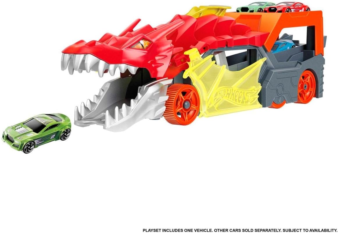 Hot Wheels City Dragon Launch Transporter Playset with Vehicle Launcher and Storage, 1:64 Scale, Interactive Toy for Kids 3+