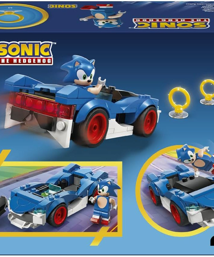 LEGO Sonic the Hedgehog: Sonic : Speedster Lightning - Race Car Toy w/a Minifigure, Chaos Emerald & 3 Gold Rings - Gaming Gift for 7+ Year Old Boys & Girls - 77117