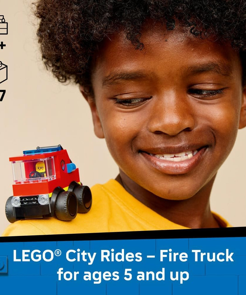 LEGO City Rides – Fire Engine Toy - Emergency Vehicles Building Set w/a Firefighter Junior Minifigure - Party Bag Fillers - Small Collectible Gift for 5+ Year Old Boys - 60482