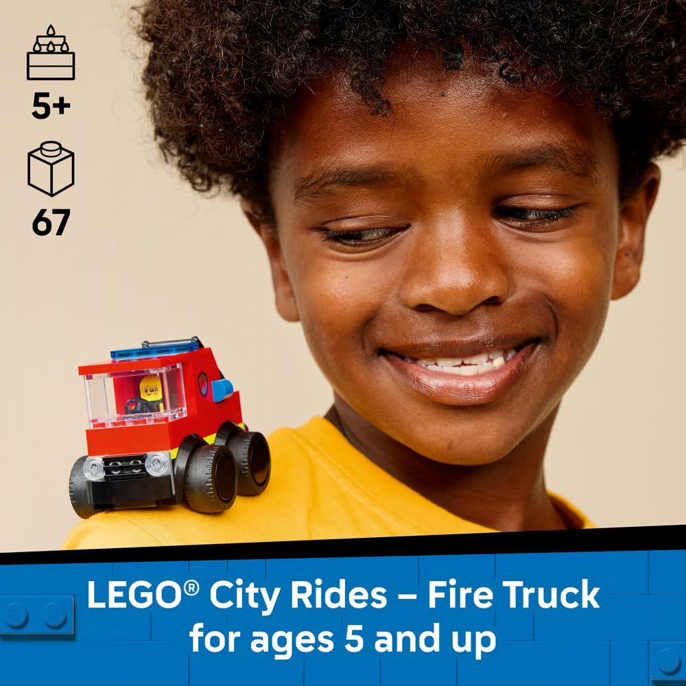 LEGO City Rides – Fire Engine Toy - Emergency Vehicles Building Set w/a Firefighter Junior Minifigure - Party Bag Fillers - Small Collectible Gift for 5+ Year Old Boys - 60482