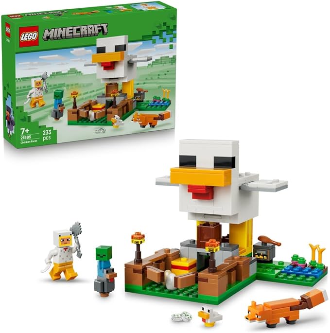 LEGO Minecraft Chicken Farm - Building Toy w/a Chicken Fan Minifigure, Baby Zombie & Fox Mob Figures - Gamer Gift for 7+ Year Old Boys & Girls - 21585