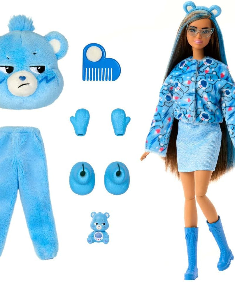 Barbie Cutie Reveal Doll & Accessories, Care Bears Series, Grumpy Bear Plush Costume with 10 Surprises, Color Change & Mini Bear, Fashion Doll for Kids 3+