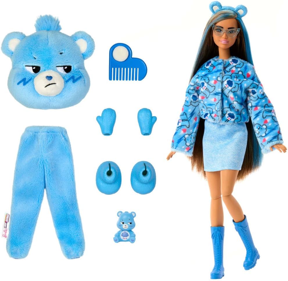 Barbie Cutie Reveal Doll & Accessories, Care Bears Series, Grumpy Bear Plush Costume with 10 Surprises, Color Change & Mini Bear, Fashion Doll for Kids 3+