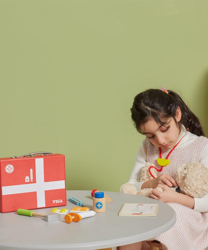 Viga Wooden Medical Kit, Role-Play Accessories Including Syringe, Tablets, Stethoscope and Medicine, Durable and Colorful Toy for Kids