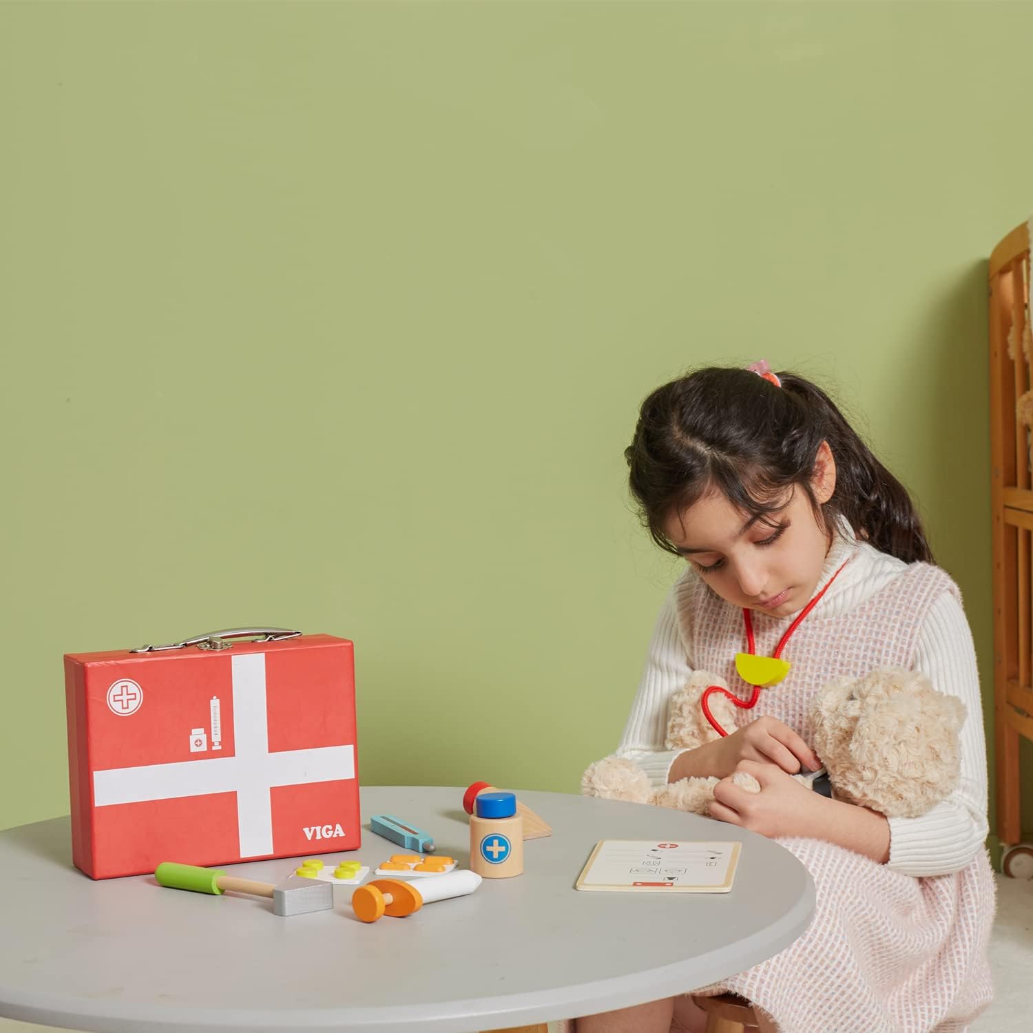 Viga Wooden Medical Kit, Role-Play Accessories Including Syringe, Tablets, Stethoscope and Medicine, Durable and Colorful Toy for Kids