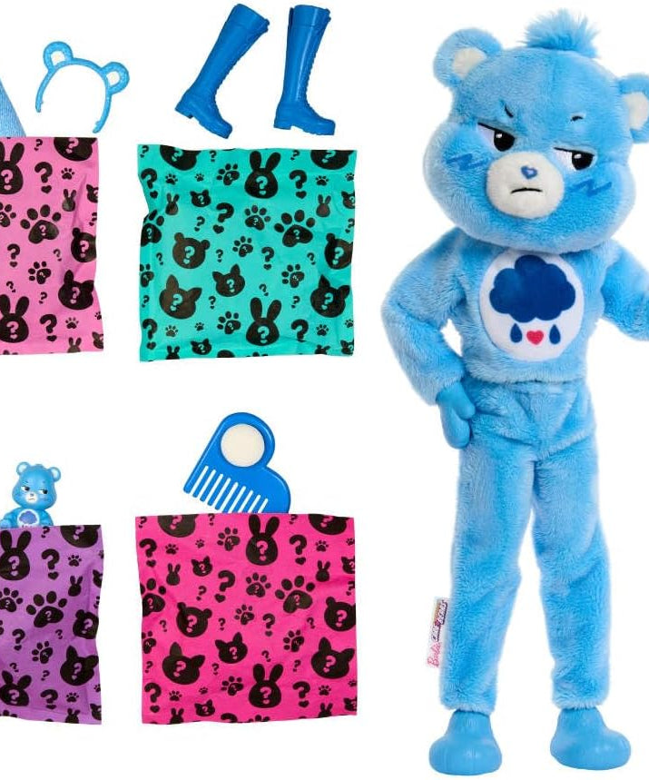 Barbie Cutie Reveal Doll & Accessories, Care Bears Series, Grumpy Bear Plush Costume with 10 Surprises, Color Change & Mini Bear, Fashion Doll for Kids 3+