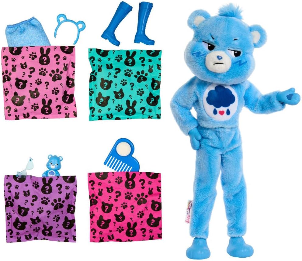Barbie Cutie Reveal Doll & Accessories, Care Bears Series, Grumpy Bear Plush Costume with 10 Surprises, Color Change & Mini Bear, Fashion Doll for Kids 3+