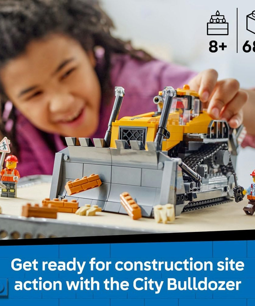 LEGO City Yellow Bulldozer Toy - Large Construction Vehicle Building Set - incl. 3 Minifigures plus Loose Bricks & Road Signs - Birthday Gift for 8+ Year Old Boys - 60466