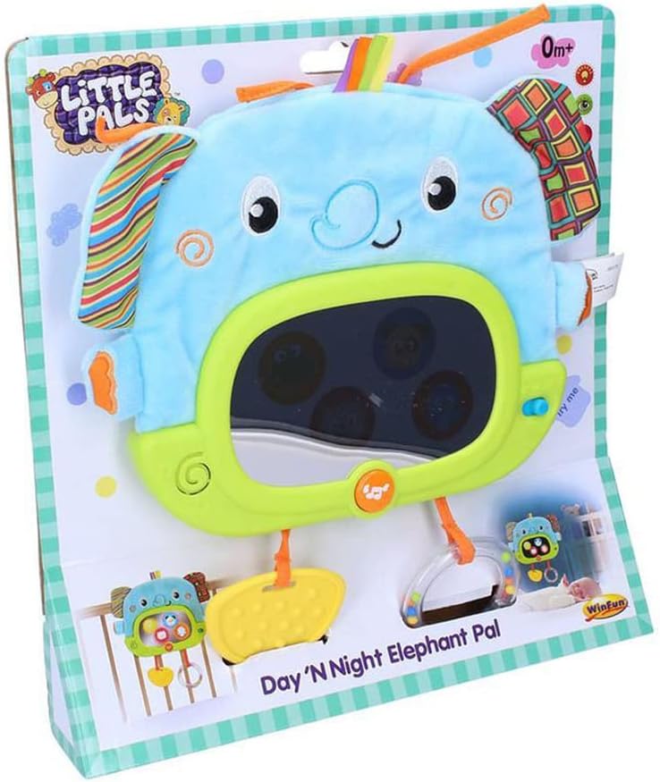 Winfun Day N Night Elephant Pal Interactive Toy Semi Soft Baby Toy Light Up Mirror Sounds Melodies Crib Stroller Attachment Multicolor for Newborns