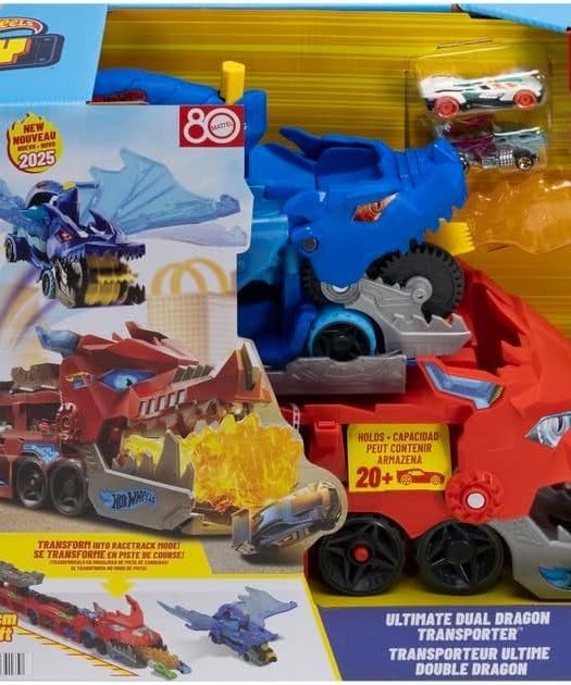 Hot Wheels City Toy Car Track Set, Ultimate Dual Dragon Transporter & 2 Die-Cast Cars, Large-Scale Dragon & Detachable Dragon, Stores 20+ Vehicles