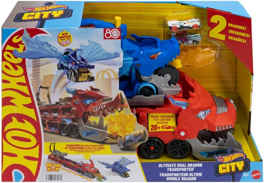 Hot Wheels City Toy Car Track Set, Ultimate Dual Dragon Transporter & 2 Die-Cast Cars, Large-Scale Dragon & Detachable Dragon, Stores 20+ Vehicles