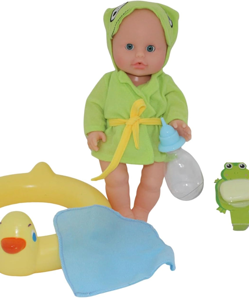 Bambolina Amore 30cm Bath Baby Doll with Vinyl Head, Arms & Legs, Blow Mold Body, Moving Eyes, Molded Hair, Painted Features, Drink and Wet Function, Includes Bathing Set