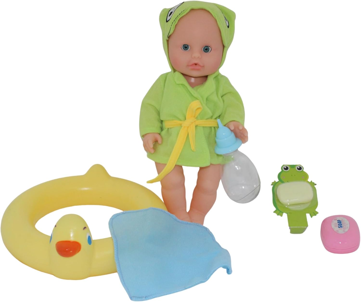 Bambolina Amore 30cm Bath Baby Doll with Vinyl Head, Arms & Legs, Blow Mold Body, Moving Eyes, Molded Hair, Painted Features, Drink and Wet Function, Includes Bathing Set