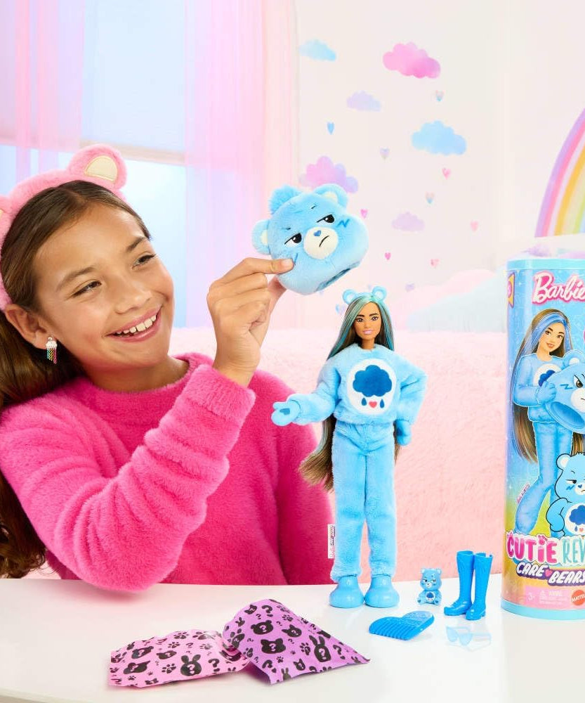 Barbie Cutie Reveal Doll & Accessories, Care Bears Series, Grumpy Bear Plush Costume with 10 Surprises, Color Change & Mini Bear, Fashion Doll for Kids 3+