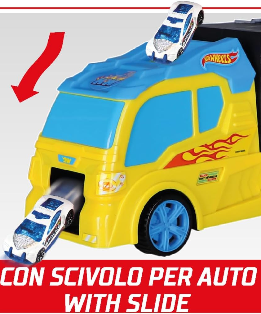 ODS 42041 Hot Wheels Transporter 40, Two Sided Folding Carry Case with Practical Handle and Car Slide, Includes 3 Original Vehicles and Road Signs, Freewheel Operation, Durable Plastic, Orange, Toy Car Storage and Playset for Kids Ages 3 and Up