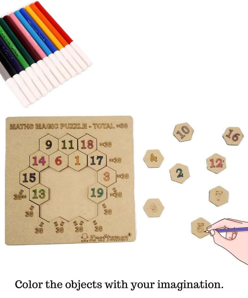 Kraftsman Wooden Number Coins Math Puzzle with Tray Base, DIY Colorable Educational Counting Game for Logical Thinking, 4+ Years