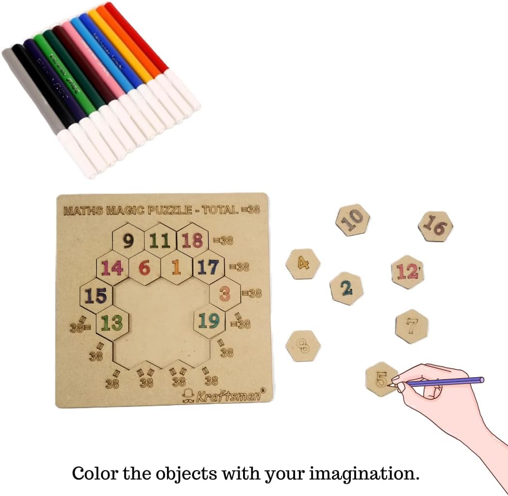 Kraftsman Wooden Number Coins Math Puzzle with Tray Base, DIY Colorable Educational Counting Game for Logical Thinking, 4+ Years