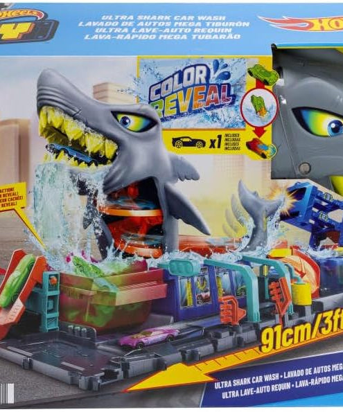 Hot Wheels Let’s Race Netflix City Shark Wash Station Playset with 1:64 Color Reveal Car, Colour Changing Car Wash Track Set, Interactive Water Play Toy for Kids 3 Years+