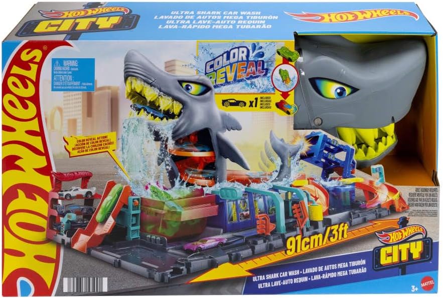 Hot Wheels Let’s Race Netflix City Shark Wash Station Playset with 1:64 Color Reveal Car, Colour Changing Car Wash Track Set, Interactive Water Play Toy for Kids 3 Years+