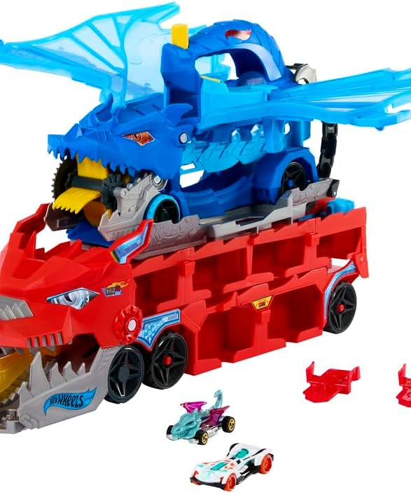 Hot Wheels City Toy Car Track Set, Ultimate Dual Dragon Transporter & 2 Die-Cast Cars, Large-Scale Dragon & Detachable Dragon, Stores 20+ Vehicles