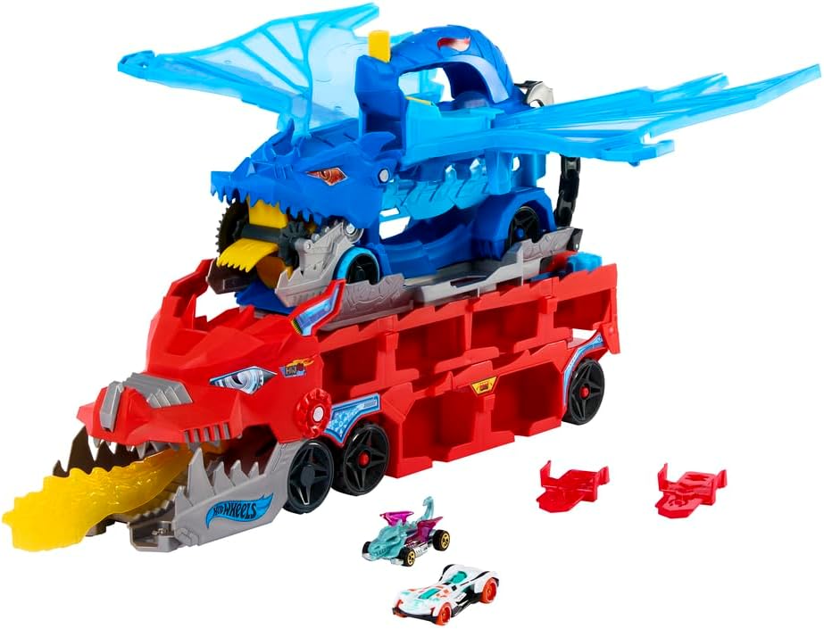 Hot Wheels City Toy Car Track Set, Ultimate Dual Dragon Transporter & 2 Die-Cast Cars, Large-Scale Dragon & Detachable Dragon, Stores 20+ Vehicles