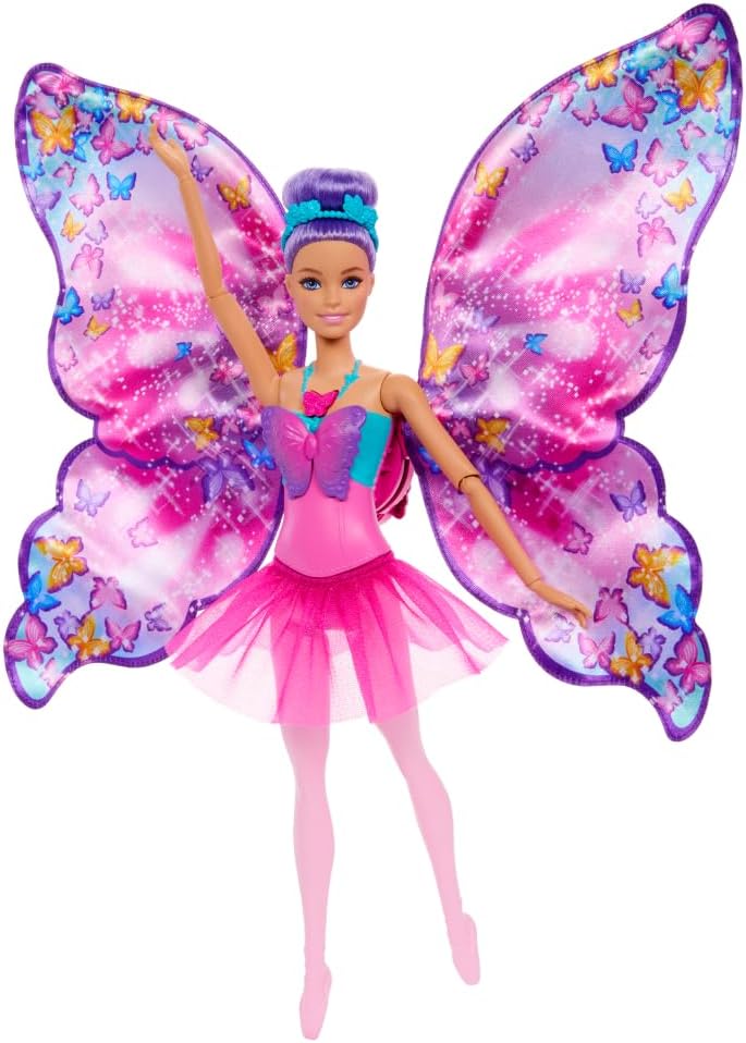 Barbie Dance and Flutter Doll with 2-in-1 Transformation from Dancer to Butterfly with Opening Wings, Purple Hair, Headpiece & Removable Tutu, HXJ10