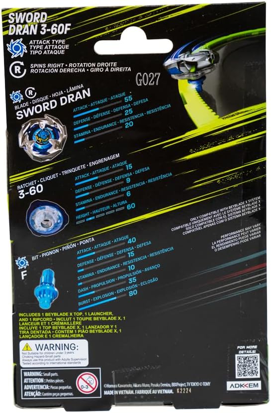 Takara Tomy Beyblade X Launcher Sword Dran 3-60F Starter Pack Top & Launcher, Easy Grip, Battle Top Toy, Bey Toy for 8+ Year Old Boys Girls, Authentic Die-cast Metal Parts, Powerful Attacks